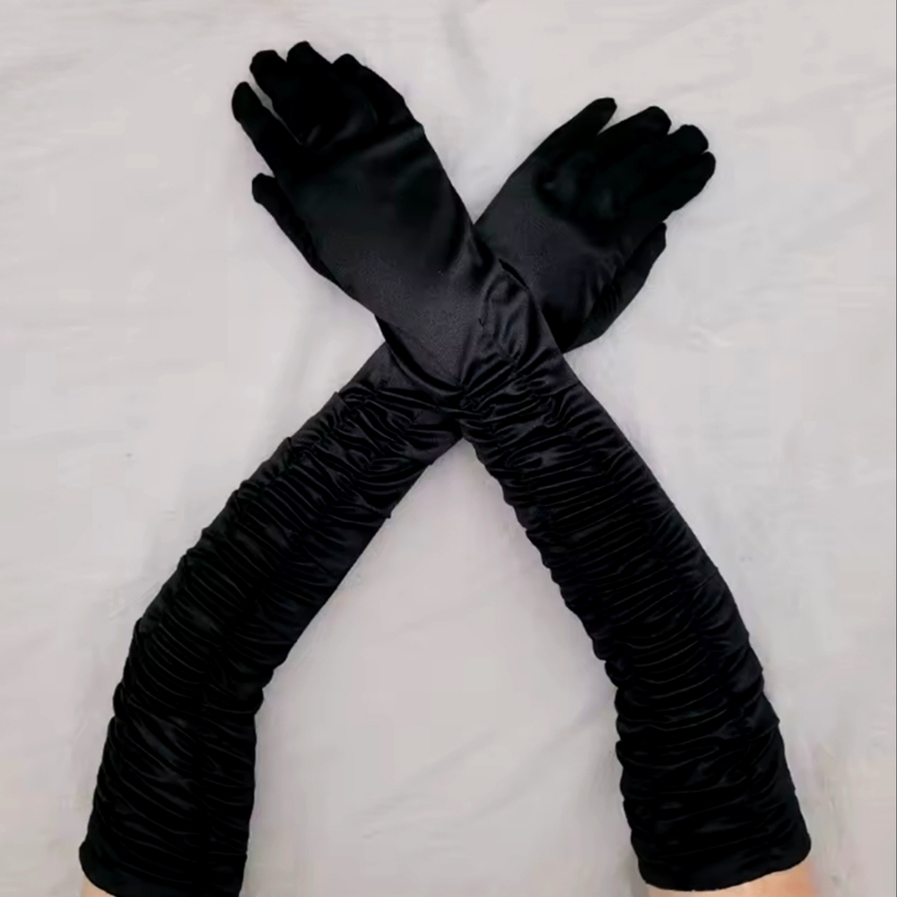 Stunning Black Runched Satin Elbow Gloves Wedding Formal Bridal Tea Church